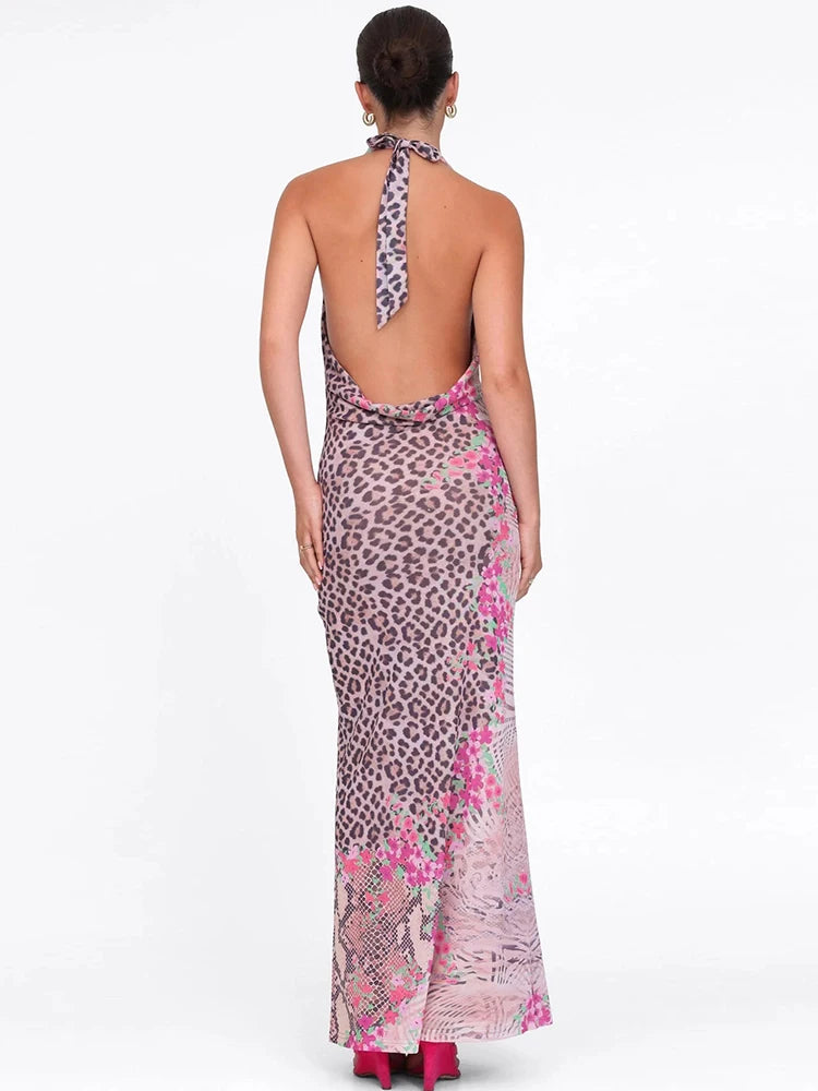 Leopard Print Dress Women Backless Lace-Up Halter Patchwork Swing Collar Sleeveless Midnight Clubwear Party Vestidos