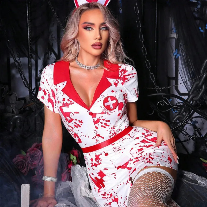 Women Bloody Nurse Halloween Costume Horror Zombie Cosplay Dress V Neck Short Sleeve Mini Bodycon Uniform Party Role Play Outfit