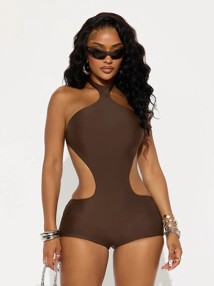 Sexy Thick Romper Women Sexy Hollow Irregular Tight Midnight Club Hipster Stretch Halter Backless Activity Playsuit