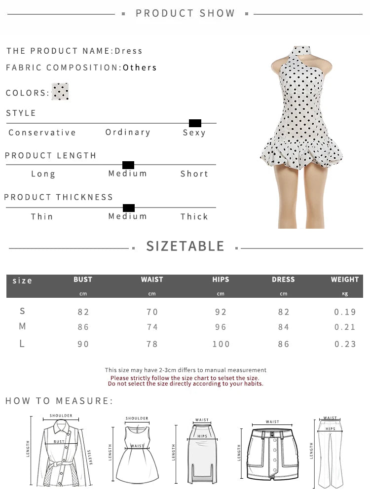 Polka Dot Print Dress Woman Irregular Skew Collar Halter Ribbon Backless Puffy Hem Y2K Style Elegant Mini Bodycon