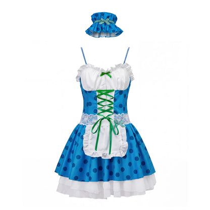 Women German Bavarian Dirndl Costume Polka Dot Beer Maid Mini Dress Ruffled Apron Hat Set German Carnival Party Outfit