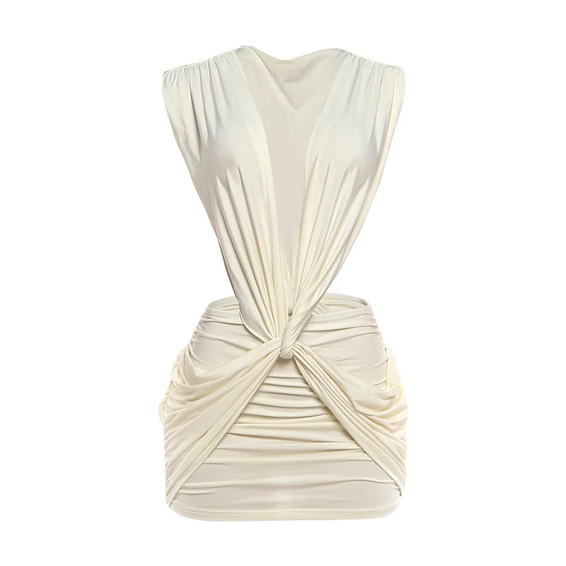 Sexy Deep V-Neck Dress Women Cross Ruched Backless Sleeveless Hollow Patchwork Peach Hip Stretch Slim Party Bodycon