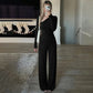 Two Piece Matching Set Asymmetric Long Sleeve Top and High Waist Wide Leg Pants Elegant Fall Outfits Woman