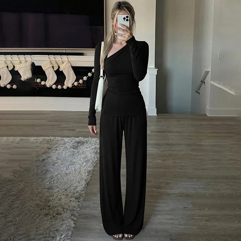 Two Piece Matching Set Asymmetric Long Sleeve Top and High Waist Wide Leg Pants Elegant Fall Outfits Woman