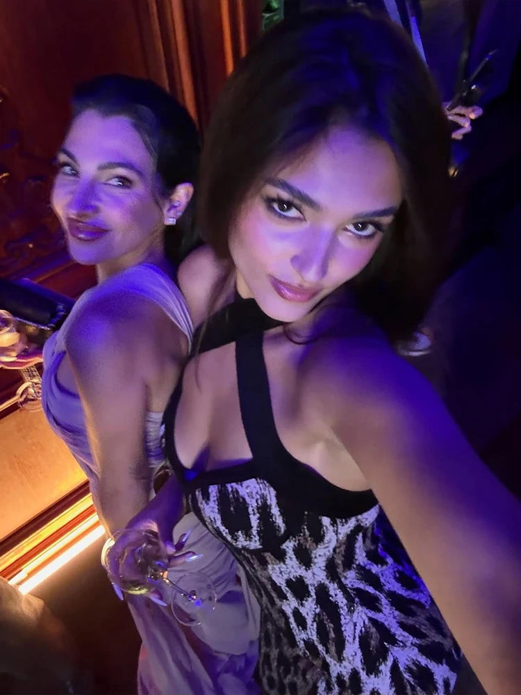 Leopard Print Maxi Dress Women Low-Neck Cross Halter Patchwork Sexy Midnight Hottie Classic Street Prom Party Vestidos