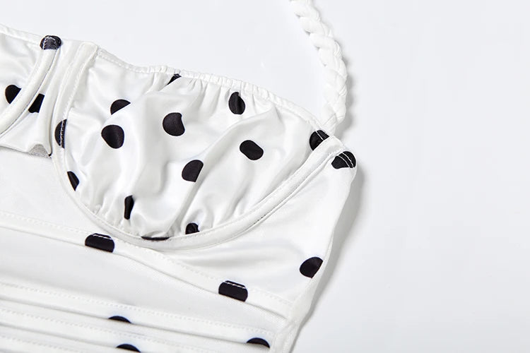 Polka Dots Print 2 Piece Set Women Halter Plait Hollow Stripe Camisole+Mid Skirts Simple Streetwear Matching Outfits