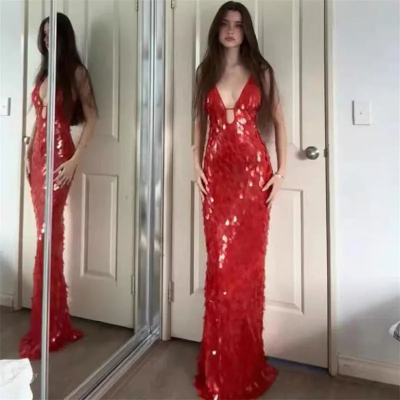 Glitter Sequins Spaghetti Straps Women's Long Maxi Dress Sleeveless Backless High Waist Sexy Evening Birthday Party Gown