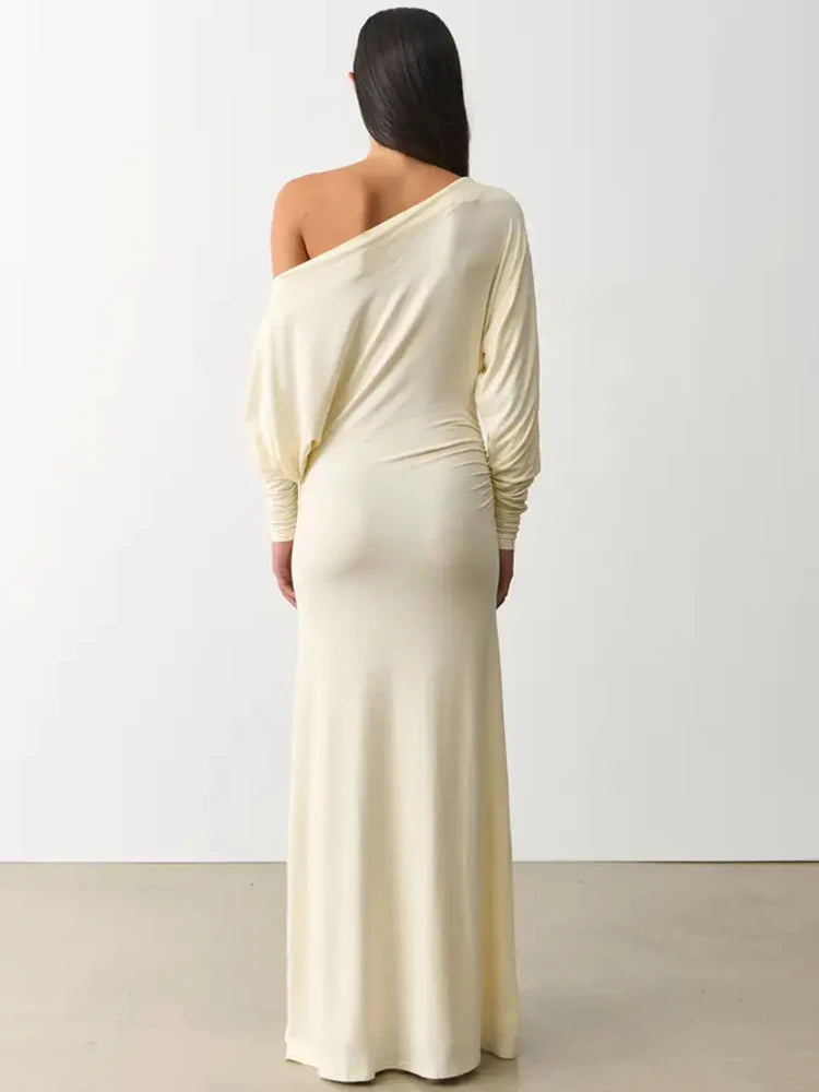 Women Elegant Off Shoulder Sexy Maxi Dress Batwing Long Sleeve Ruched Bodycon Dress Evening Party Wedding Guest Dress
