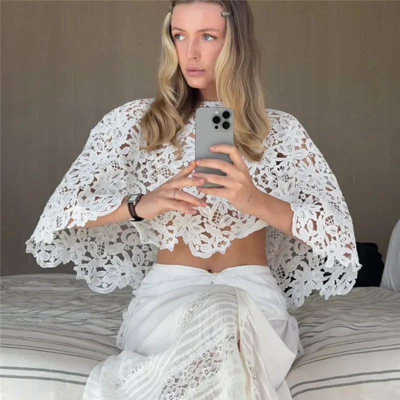 Cute Women See Through Crochet Lace Cape Short Top Crew Neck Batwing Sleeve Cropped Layering Top Matching Camisole
