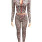 Leopard Print 2 Piece Set Women Tracksuit Casual Crop Jacket+Metal Sash Leggings Street Matching Club Stretch Outfits