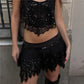 Women Y2K Sparkly Sequin Beaded Mini Skort with Jagged Scalloped Hemline Summer Party Club Festival Outfits