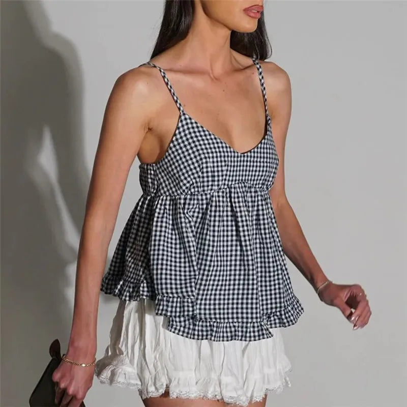 Summer Sleeveless V Neck Plaid Vest Sweet Girl Cute Ruffles Crop Top Vintage Y2k Tie Back Tank Tops for Woman Ins Style