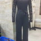 Women Off Shoulder Lace Long Sleeve Jumpsuit Waist Tie Sash Wide Leg Solid Black Elegant Party Formal Romper Outfit