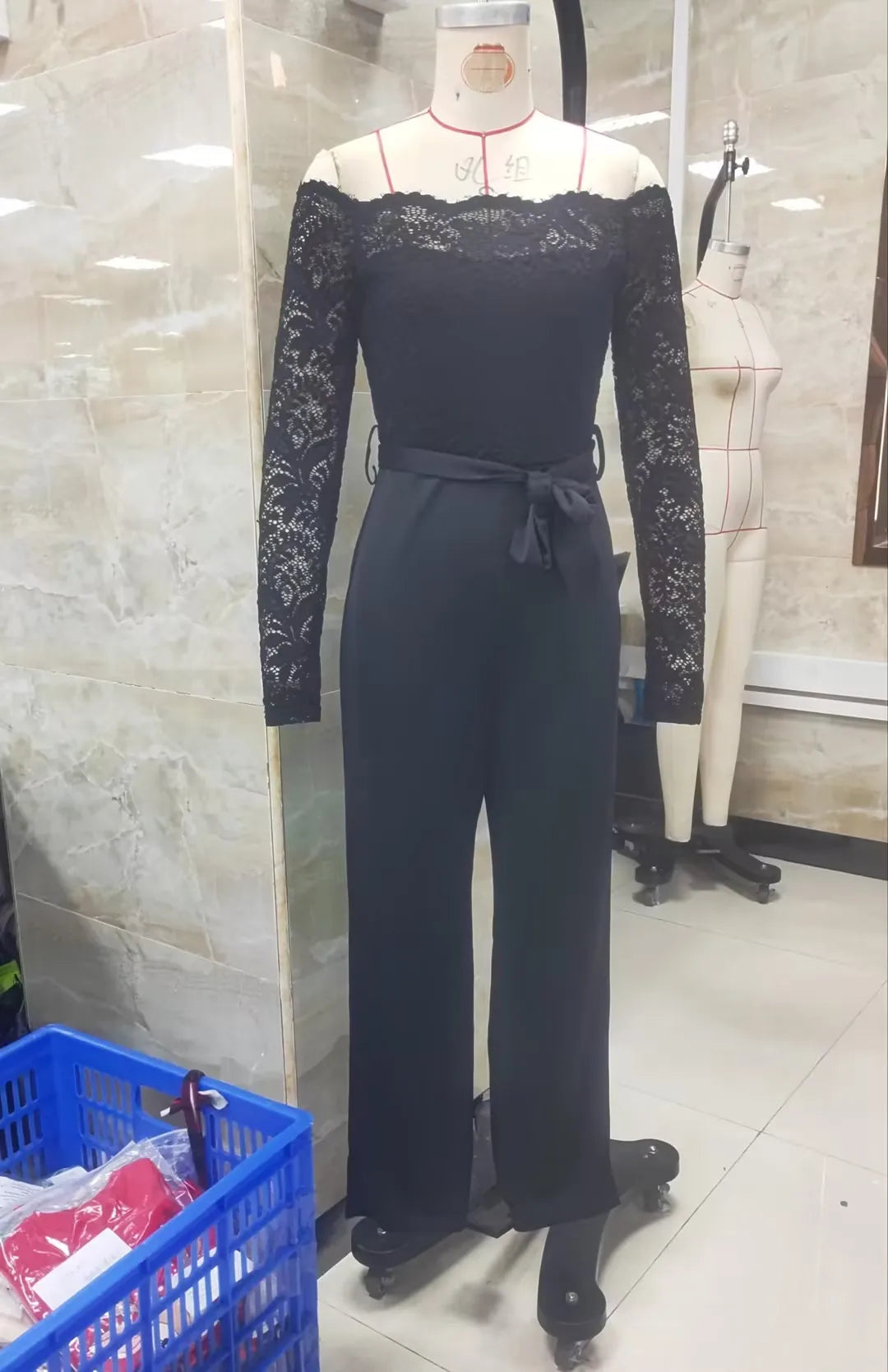 Women Off Shoulder Lace Long Sleeve Jumpsuit Waist Tie Sash Wide Leg Solid Black Elegant Party Formal Romper Outfit