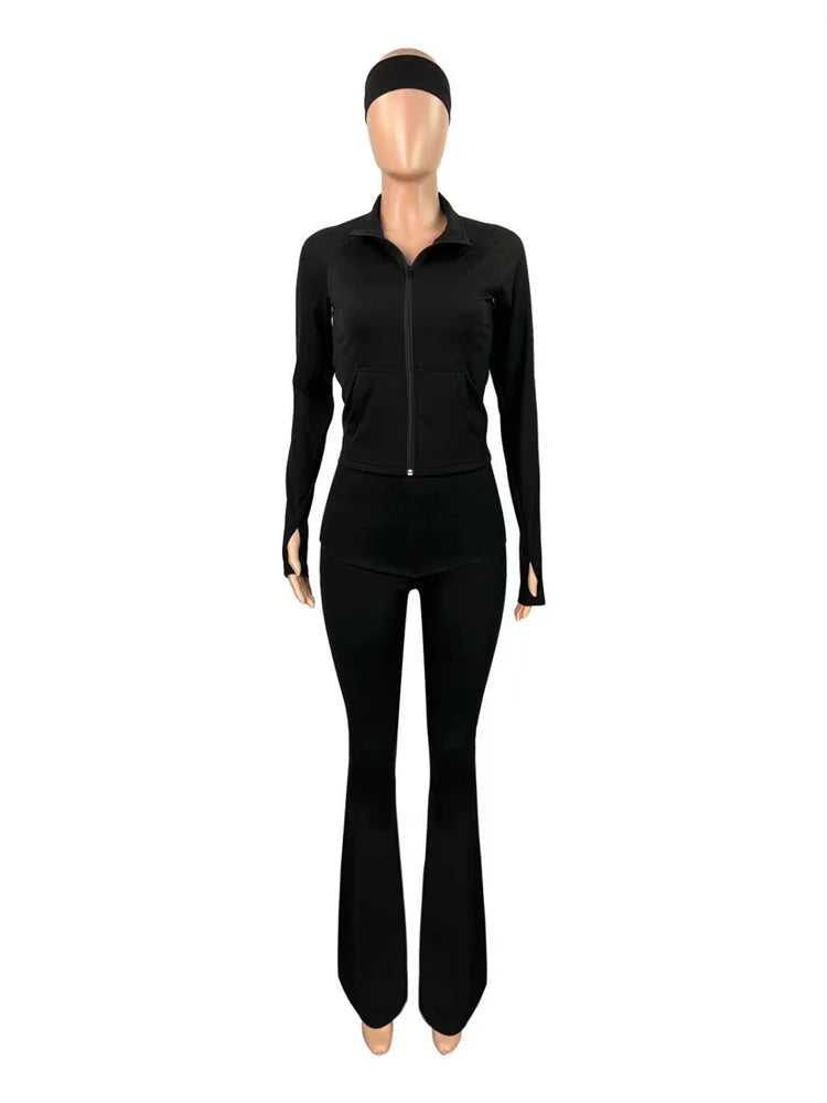 Sexy Tracksuits 3-Piece Set Women Zip Pocket Jacket+Folded Waist Pants+Headband Matching Casual Simple Sporty Outfits