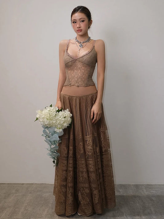 Jacquard Elegant 2-Piece Set Women Skinny Sexy Tank Tops+Drapes Long Skirts Banquet Vacation Matching Clubwear Suit