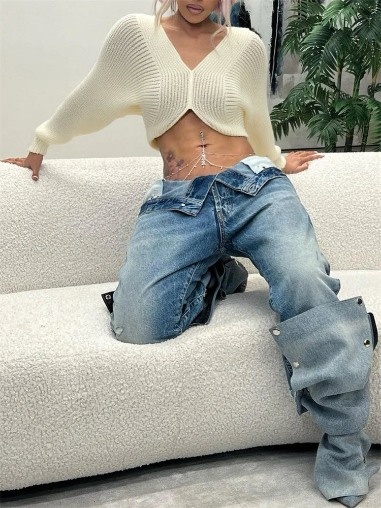 Knit Crop Sweater Women Y2K Lantern Sleeve Casuals Autumn Simple Classic Comfortable Elegant Basic V-Neck Loose Tops