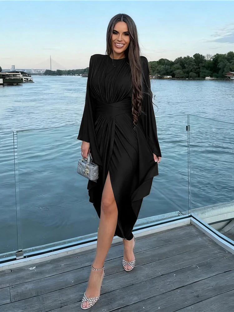 Classic Flare Sleeve Dress Women Patchwork O-Neck Irregular Hem Sexy Elegant Simple Skinny Evening Prom Party Bodycon