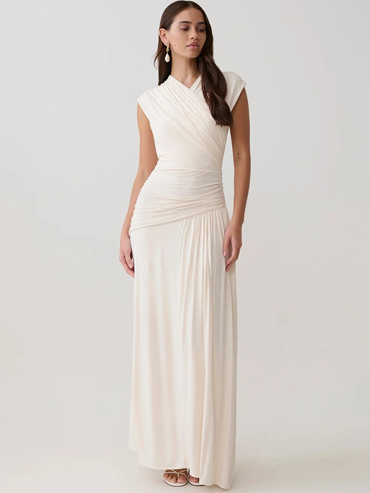 Women V Neck Cap Sleeve Maxi Dress Wrap Ruched Waist Draped Flowy Long Dress Wedding Guest Evening Party Formal Gown