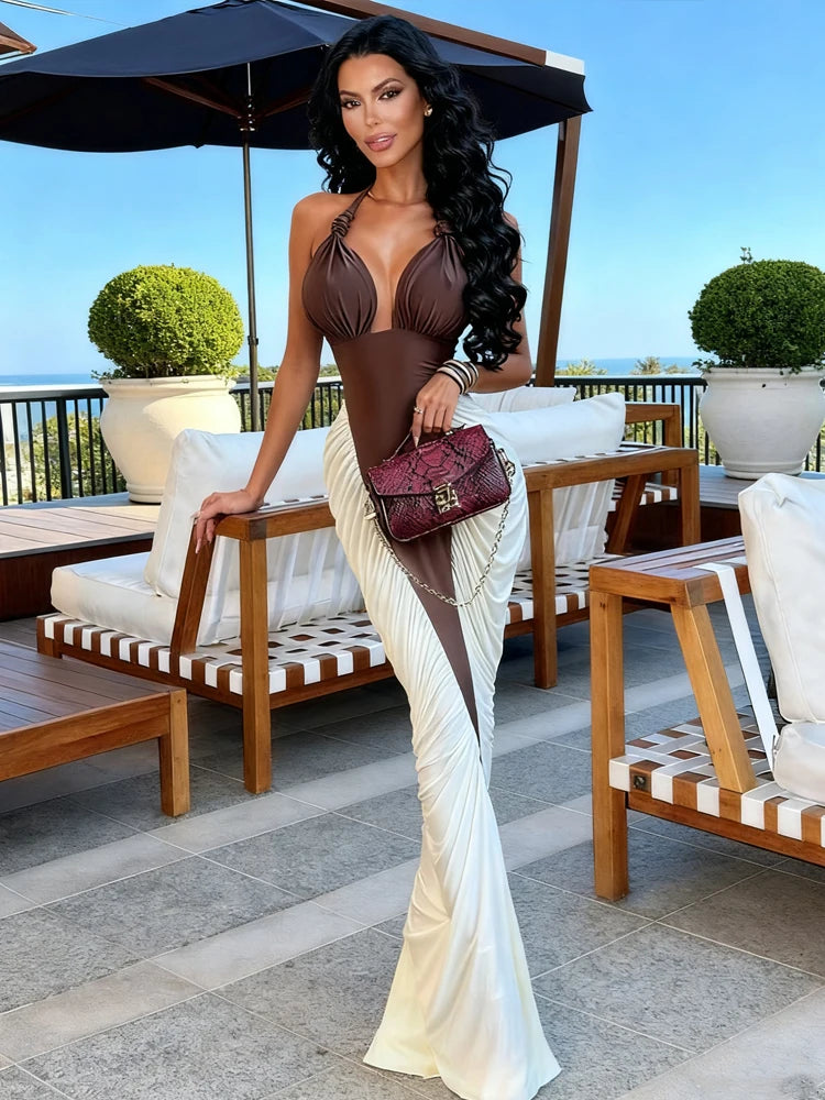 Halter Ruched Dress Women Bandages Sexy Patchwork Backless Thin Slit Summer Clubwear Birthday Party Ruched Vestidos