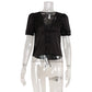 Women's Y2K Satin Lace Trim Blouse V Neck Tie Front Puff Short Sleeve Button Down Fitted Waist Streetwear Summer Top