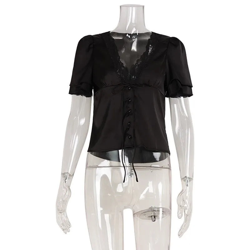 Women's Y2K Satin Lace Trim Blouse V Neck Tie Front Puff Short Sleeve Button Down Fitted Waist Streetwear Summer Top