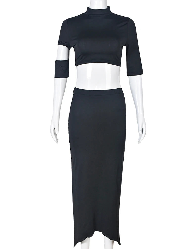 Sexy 2 Piece Set Women Y2K Irregular Hollow Shorts Sleeve Crop Tops+Shirring Side Split Skirts Chic Matching Clubwear