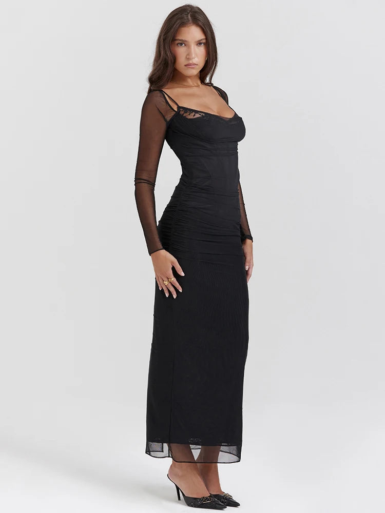 Elegant Sheer Long Sleeve Bodycon Maxi Dress For Women Fashion Mesh Black Strapless Backless Club Party Sexy Dress