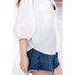 Women's Solid Color Sheer Blouse, Stand Collar Puff Sleeve Casual Button Down Loose Fit Shirt