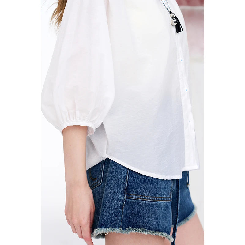 Women's Solid Color Sheer Blouse, Stand Collar Puff Sleeve Casual Button Down Loose Fit Shirt