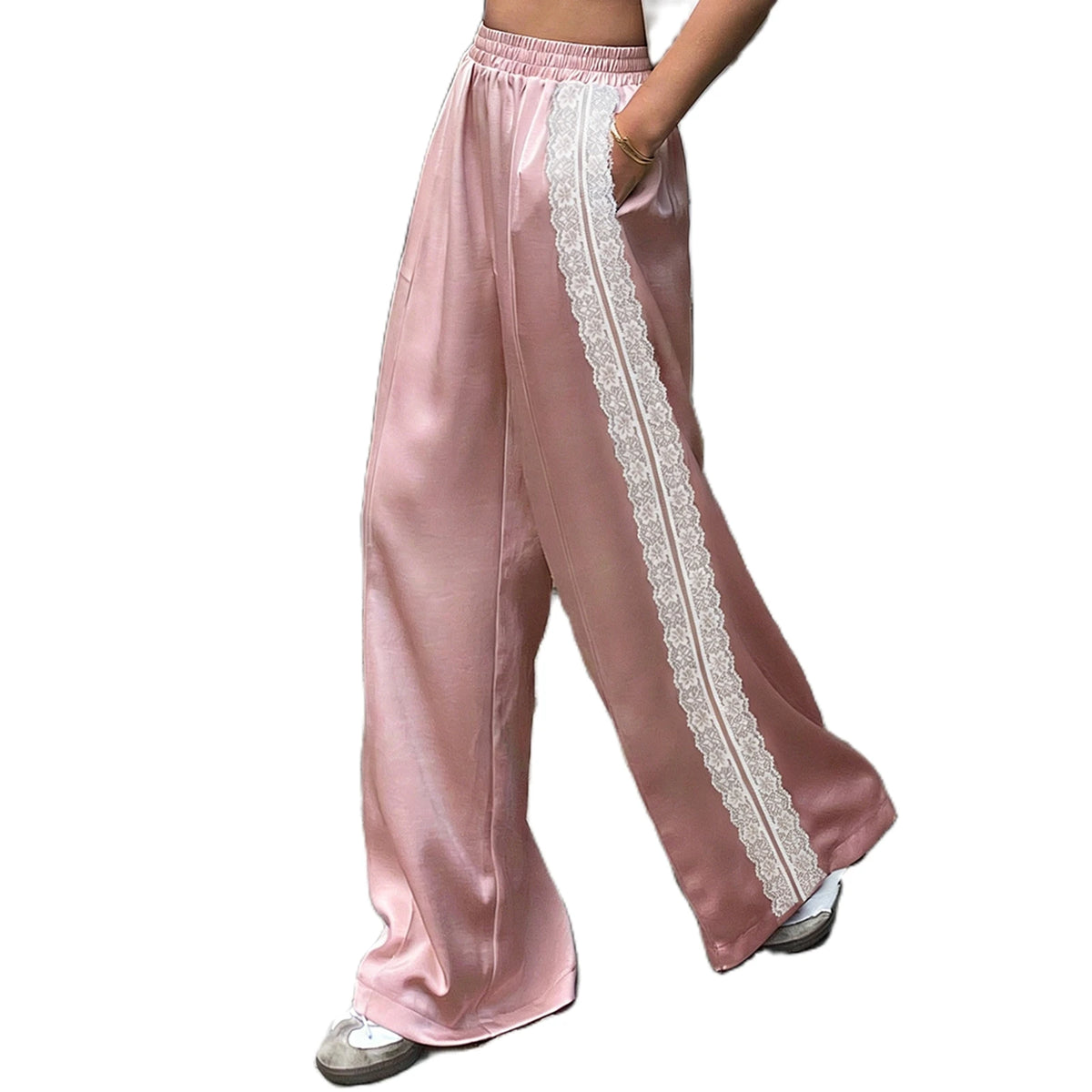 Women Satin Silk Lace Trim Pants Y2k High Street Elastic Waist Wide Leg Pj Lounge Boxer Bottoms Trendy Causal Trousers