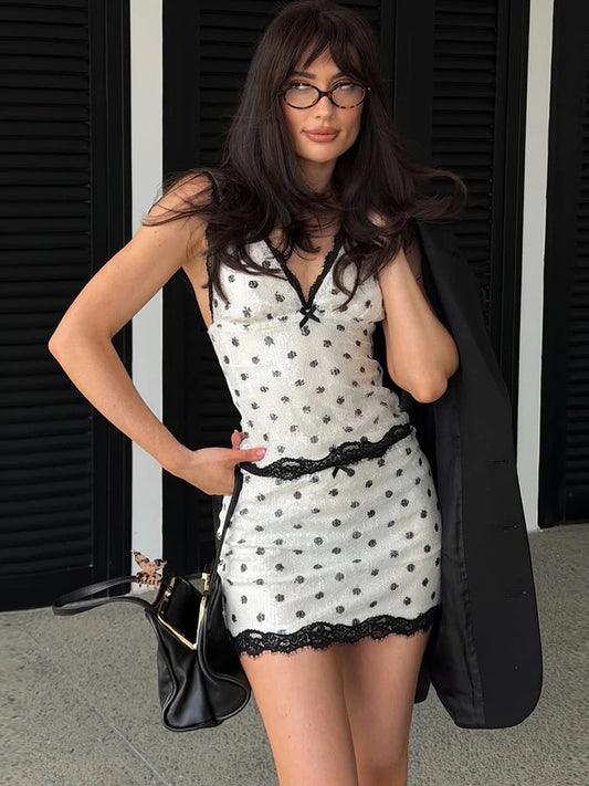 Summer Sequin 2-Piece Set Patchwork Lace Polka Dot Women Ribbon Bow v-Neck Vest+Elastic Waist Skirt Fashion Midnight Suit