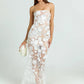 Women Strapless 3D Floral Lace Mermaid Sexy Maxi Dress Sheer Mesh Bodycon Long Dress Wedding Guest Evening Party Gown