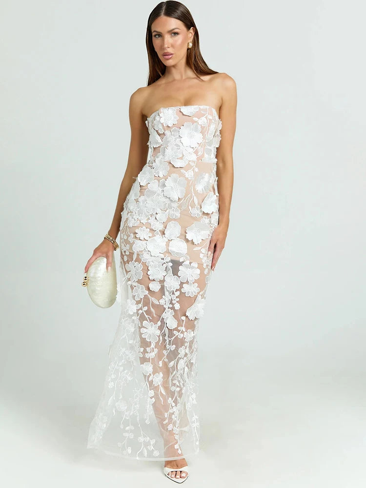Women Strapless 3D Floral Lace Mermaid Sexy Maxi Dress Sheer Mesh Bodycon Long Dress Wedding Guest Evening Party Gown