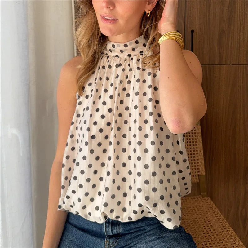 Y2K Polka Dot Halter Neck Top Sleeveless Tie Back Blouse Shirt Summer Casual Loose Fit Fairy Grunge Streetwear Tank Top