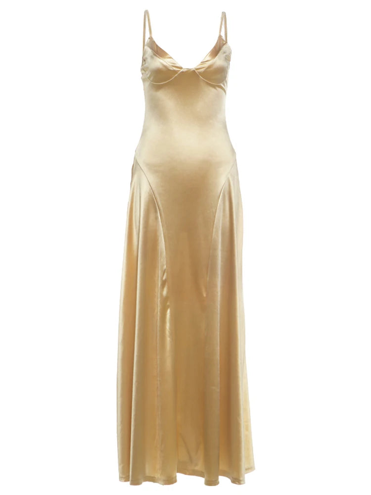 Satin Maxi Dress Women Low-Neck Sleeveless Skinny Folds Elegant Birthday Party Vacation Summer New Trend Vestidos