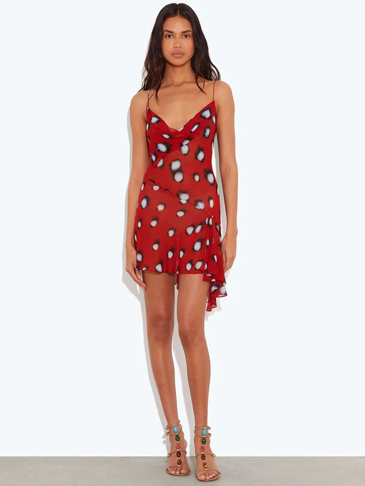 Women Red Polka Dot See Through Sexy Mini Dress Women Elegant Spaghetti Strap Sleeveless Backless Ruffle Slip Dress