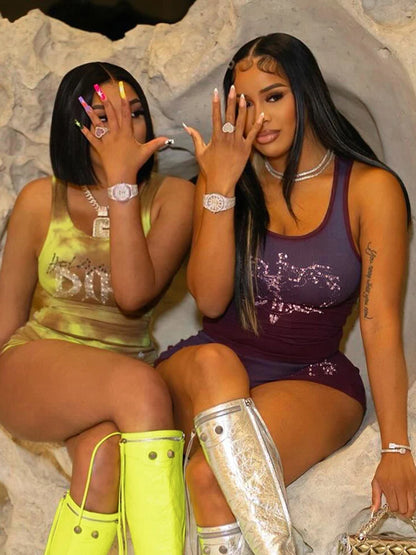 Rhinestones Letter 2 Piece Set Women Tracksuit Casual Ribbed Tank Tops+Bike Shorts Matching Skinny Street Outfits