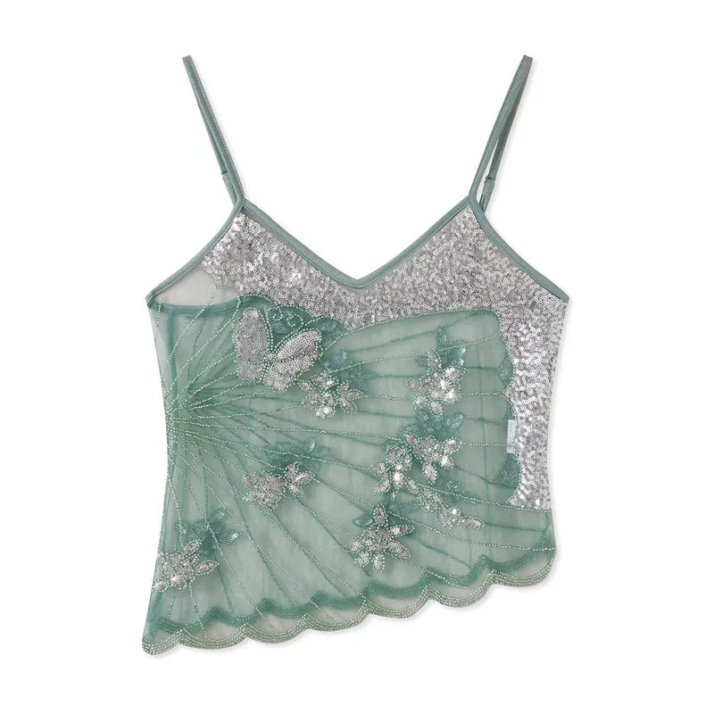 Sexy Sequin Slim Fit Irregular Strap Tank Crop Tops Versatile Sexy Hot Girl Summer Mesh See Through Sleeveless Tee Shirt