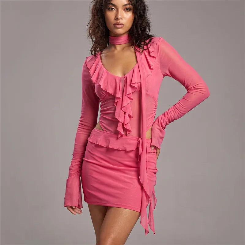 Women Y2K Sheer Mesh Bodycon Mini Dress Ruffle Detail Flare Long Sleeve Deep V Choker Cutout Slim Party Nightclub Dress