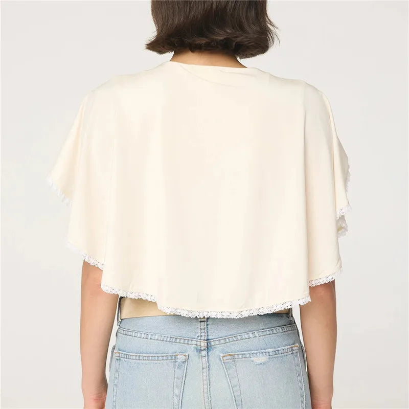 Coquette Style Lace Trim Cape Top Sleeveless U-Neck Slim Fit Cropped Blouse Y2K Vintage Aesthetic Women's Top
