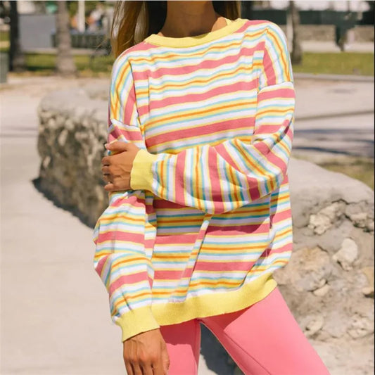 Stripe Knit Sweater Women Crew Neck Drop Shoulder Long Sleeve Oversized Pullover Loungewear Daily Casual Basic Knit Top