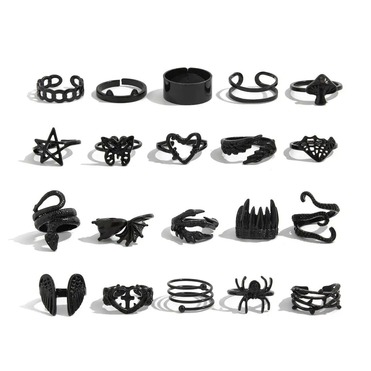 Gothic Black Open Rings Set 20 Pcs Trendy Hollow Star Heart Design with Spider Butterfly & Snake Shapes for Halloween Jewelry