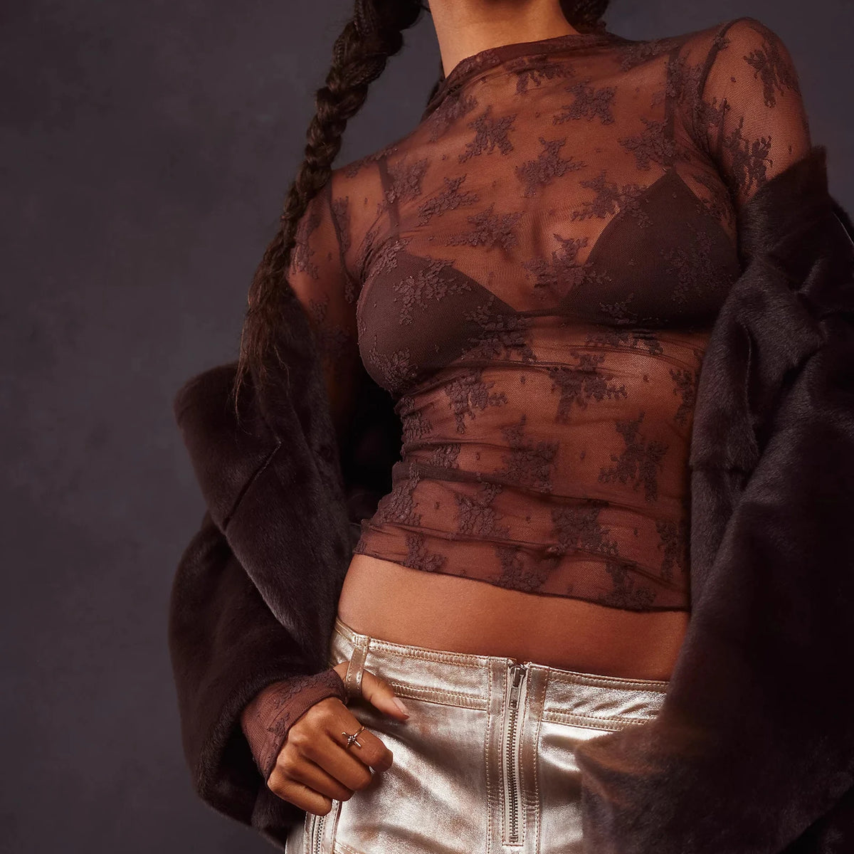 Women's Lace Layering Top Long Sleeve Sheer Mesh Mock Neck Undershirt Y2K Lace Floral Tops See Through Shirt Blouse