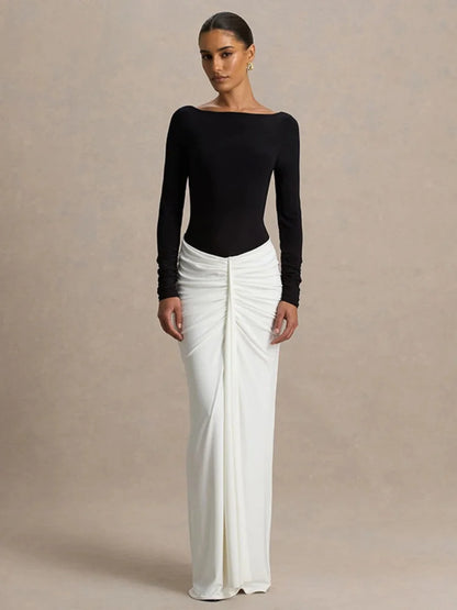 Black and White Patchwork Boat Neck Long Sleeve Backless Maxi Dress Elegant Party Dresses Fall Clothes
