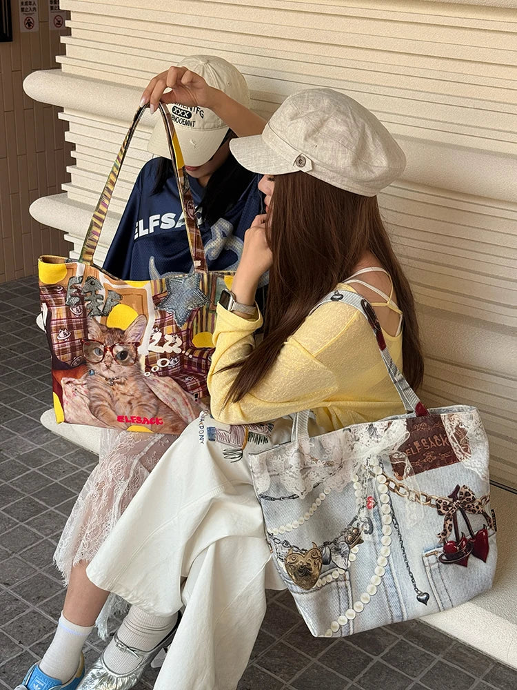 Women's Vintage Patchwork Canvas Tote Bag, Lace Bow Heart & Cat Print Large Capacity Shoulder Handbag