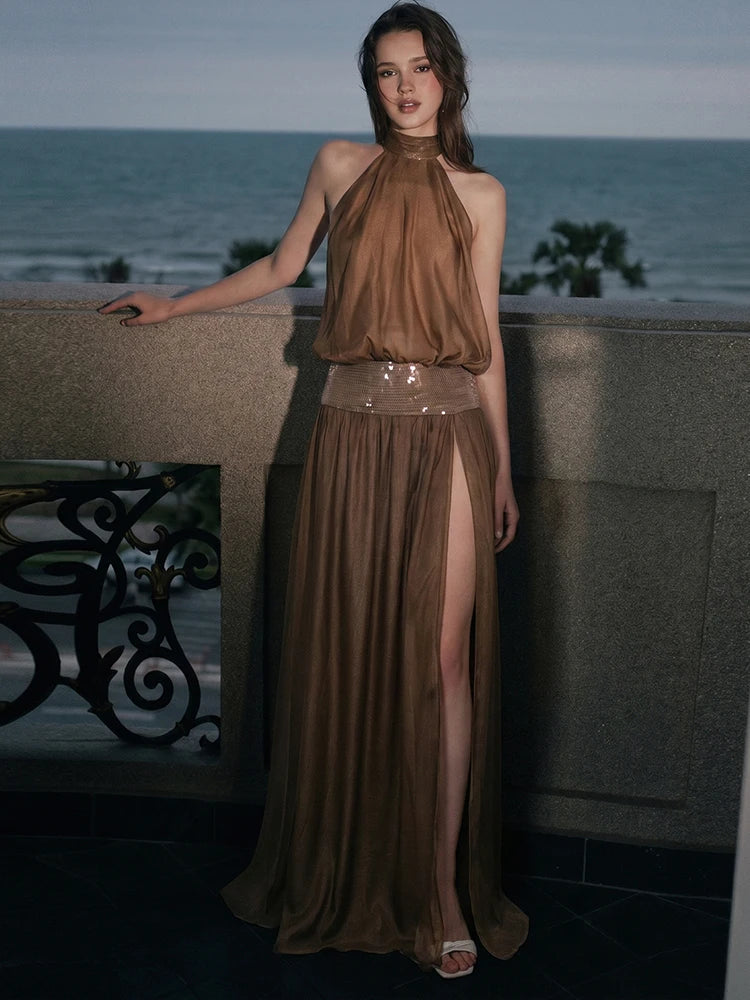 Patchwork Sequin Maxi Dress Women High Side Slit Halter Turtleneck Backless Sleeveless Vacation Summer Chic Vestidos