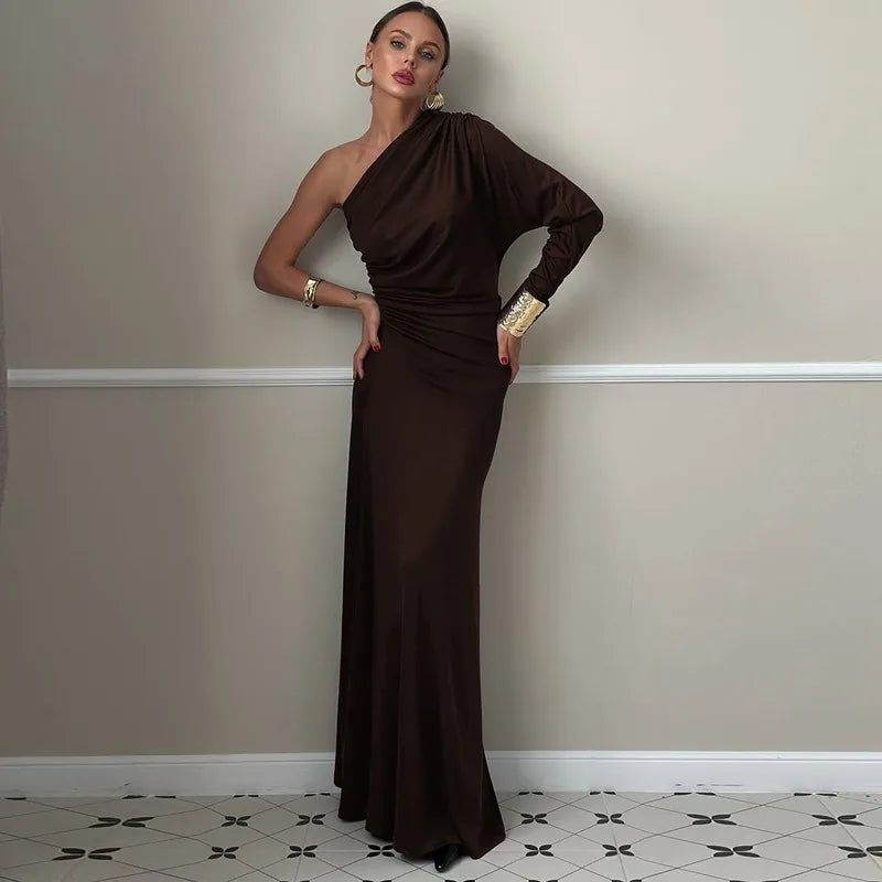 One Shoulder Long Sleeve Maxi Dress Brown Black Dresses Woman Elegant Fall Clothes