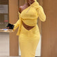 Fashion 2 Piece Set Women Trend Off-Shoulder Skew Collar Full Sleeve Crop Tops+Ruched Skirt Elegant Party Club Suit