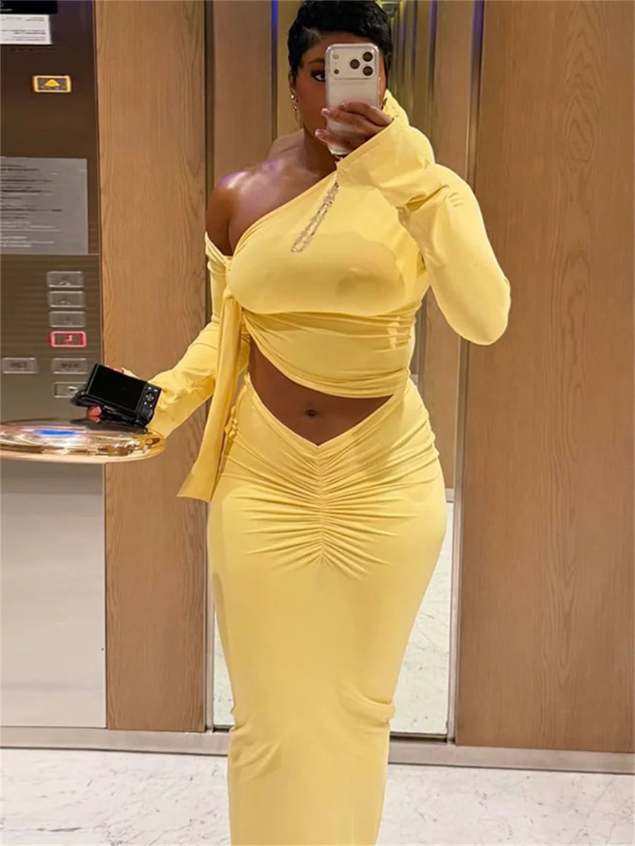 Fashion 2 Piece Set Women Trend Off-Shoulder Skew Collar Full Sleeve Crop Tops+Ruched Skirt Elegant Party Club Suit